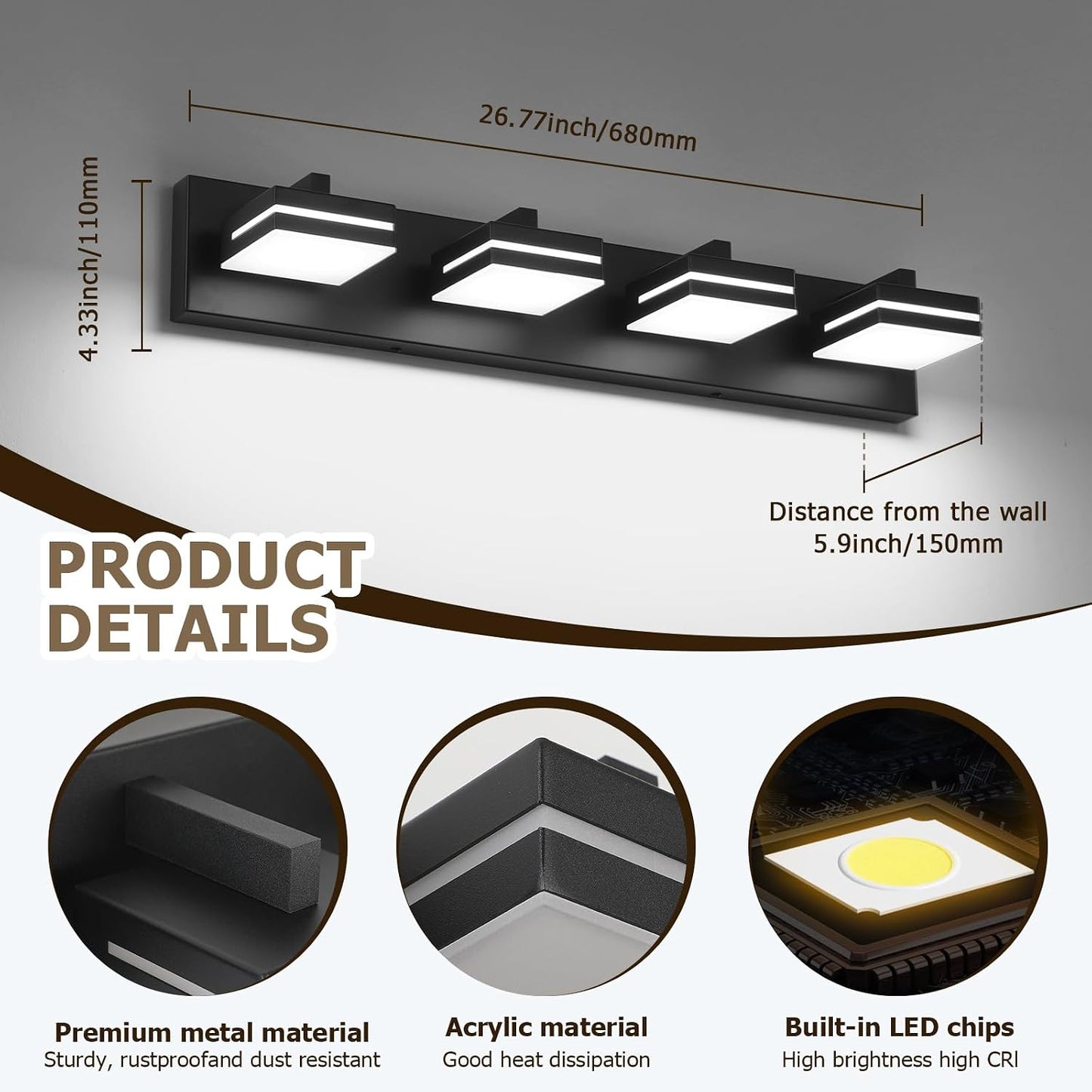 Luz tocad. baño LED 26pulg negra 5500K