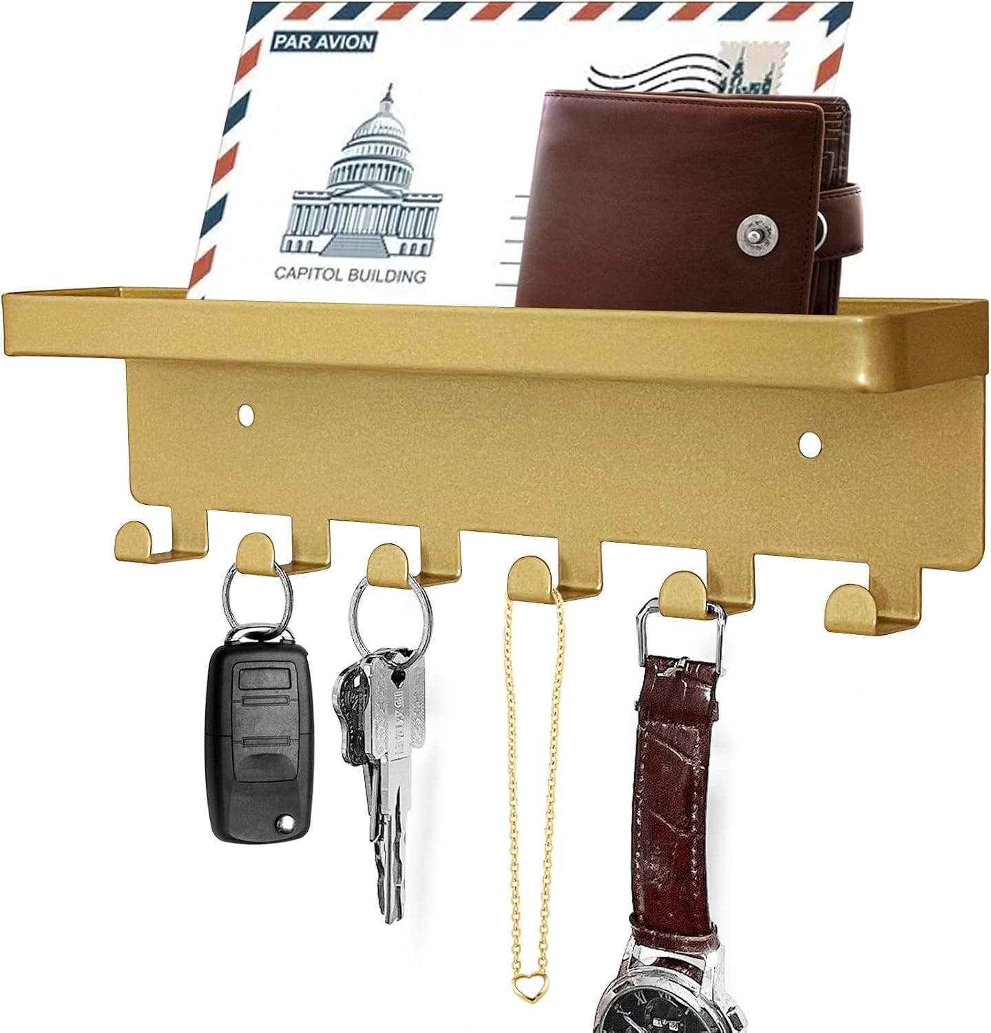 Soporte llaves pared con bandeja 6 ganchos dorado