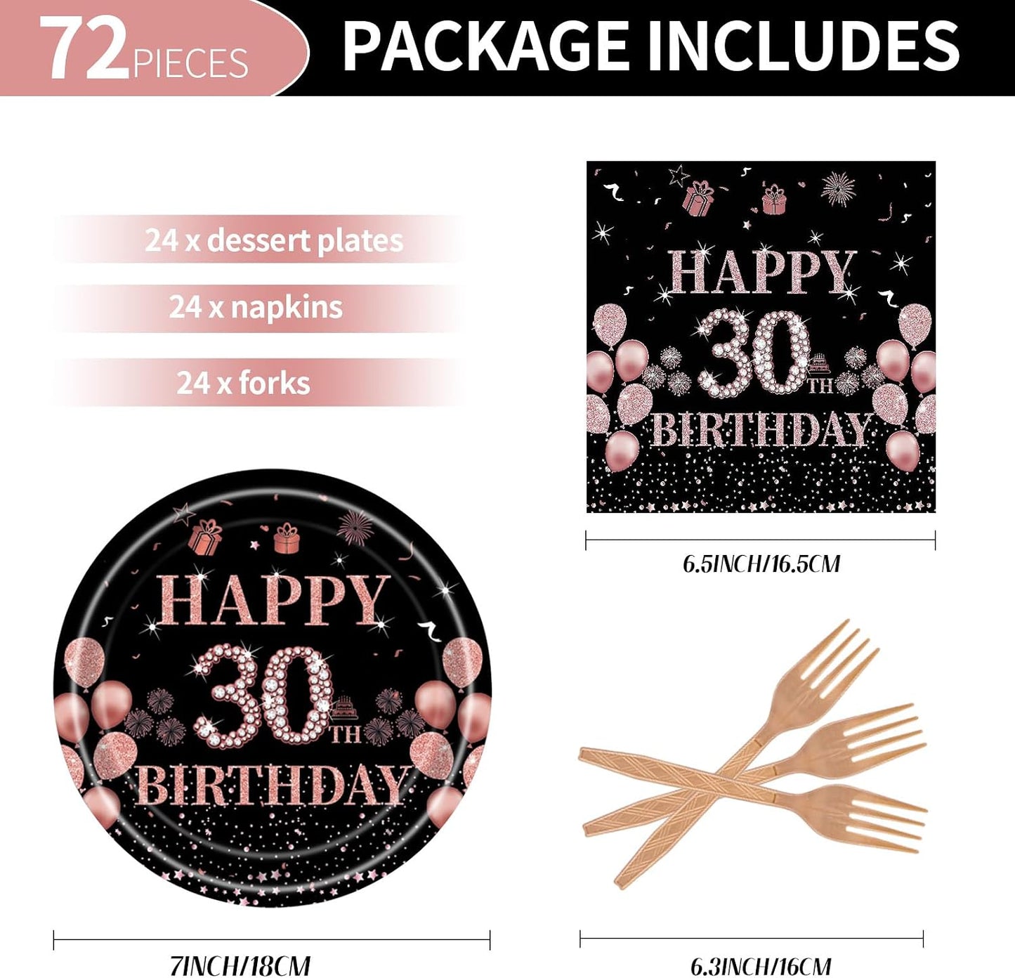 Juego 72 platos servilletas negro oro rosa para fiesta 30 años