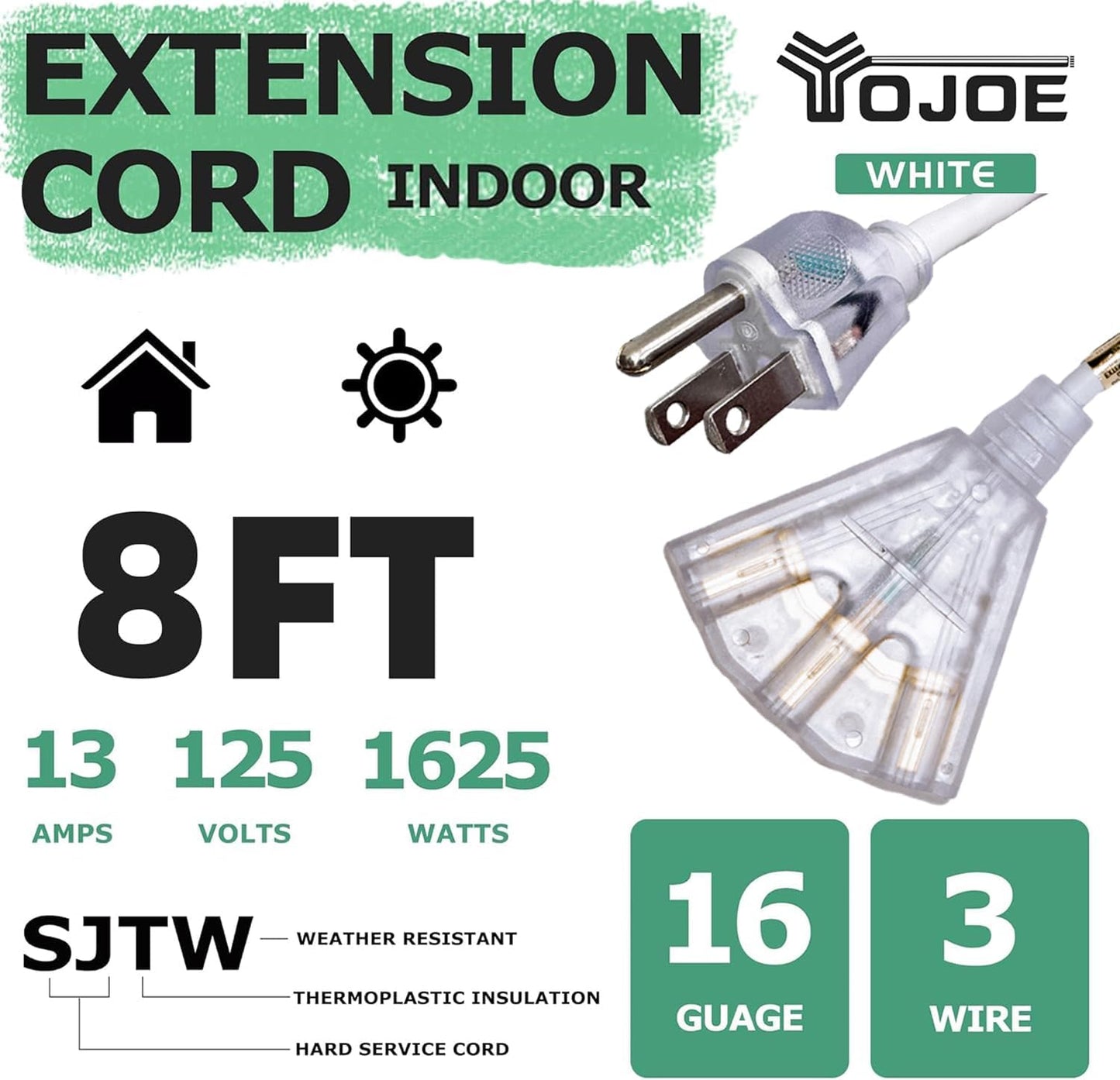 Cable extensión 3 salidas 13A resistente 8" blanco