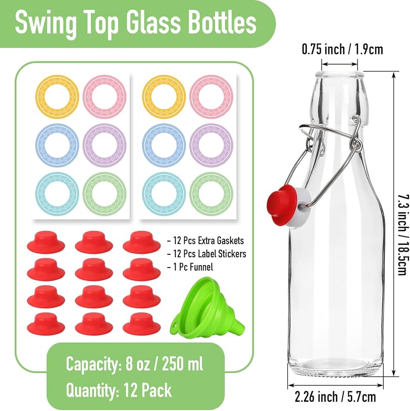 12 Botellas Vidrio 8.5oz Tapas Herméticas Sello Goma
