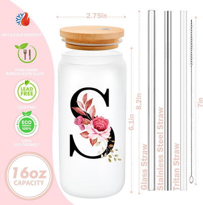Taza vidrio esmerilado con monograma popote y tapa personalizada