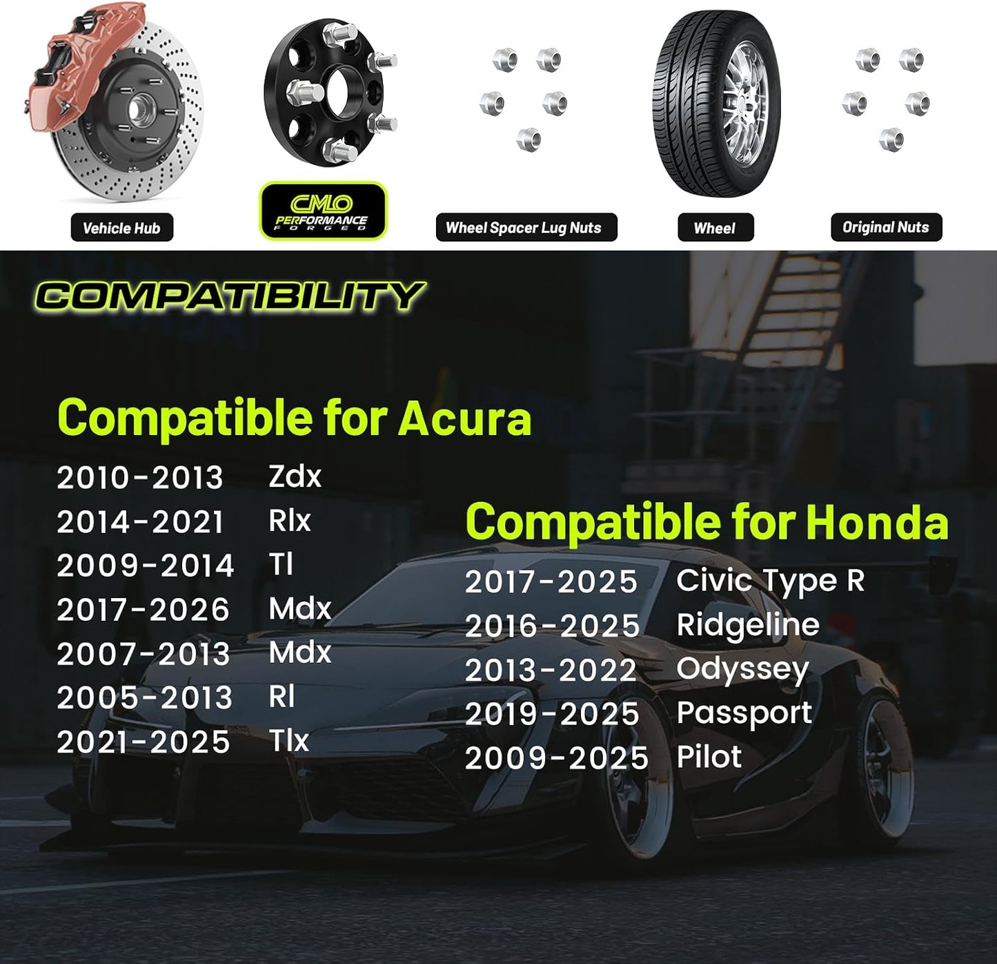 Espaciadores rueda negros 0.984pulg comp Acura Honda