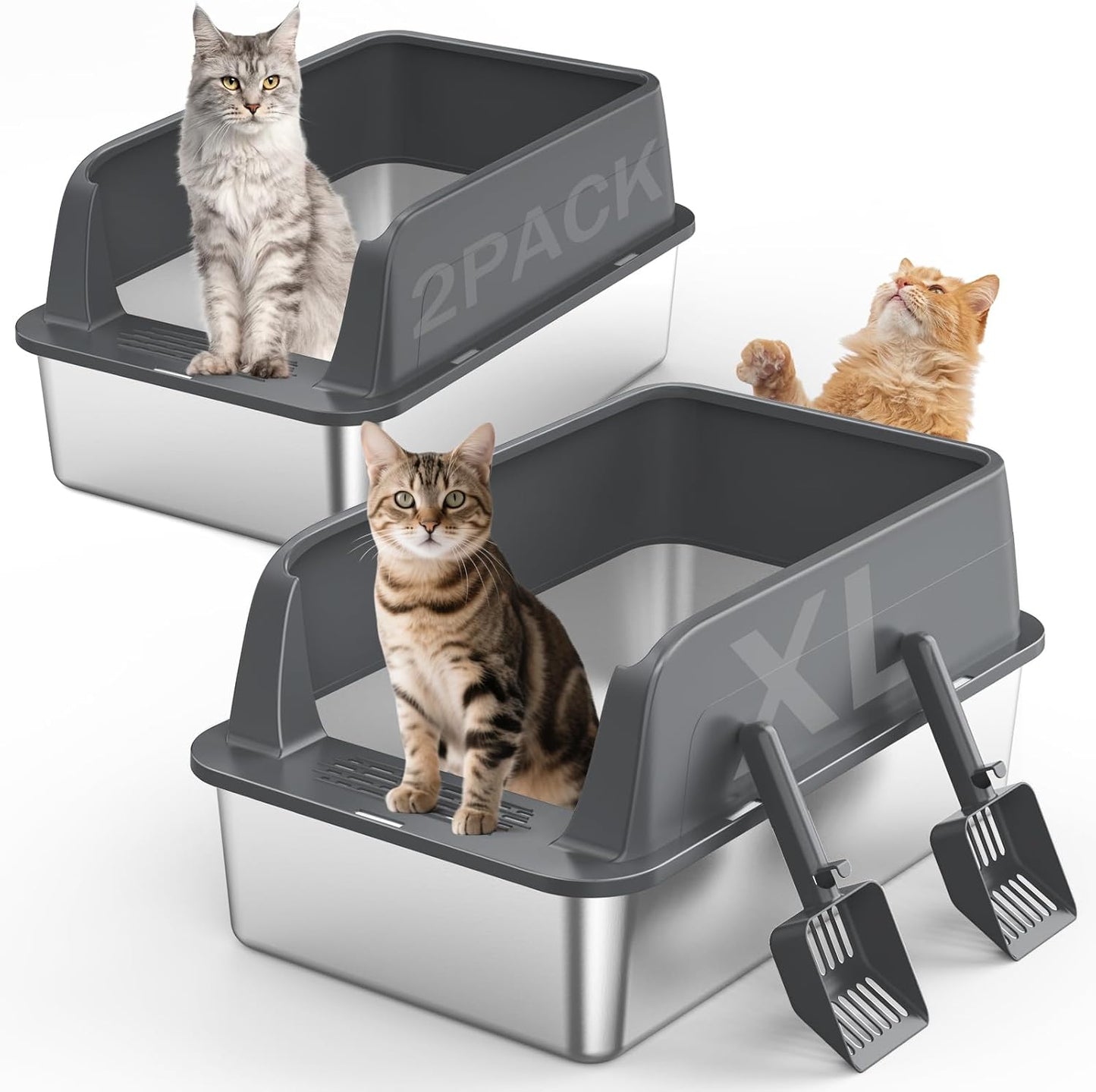 2 Cajas Arena Acero Inox XL para Gatos con Tapa Antifugas