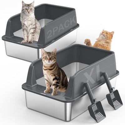 2 Cajas Arena Acero Inox XL para Gatos con Tapa Antifugas