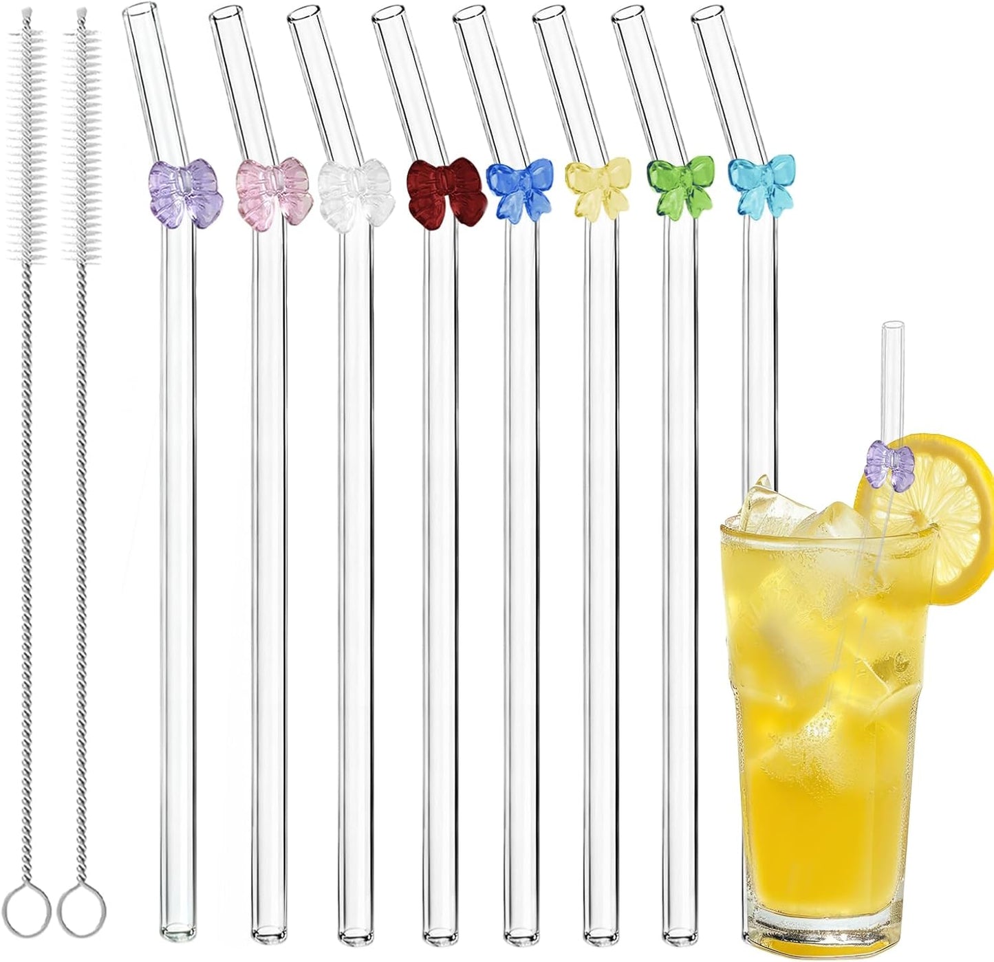 8 Popotes Vidrio Reutilizables con Lazo Colorido y Cepillos