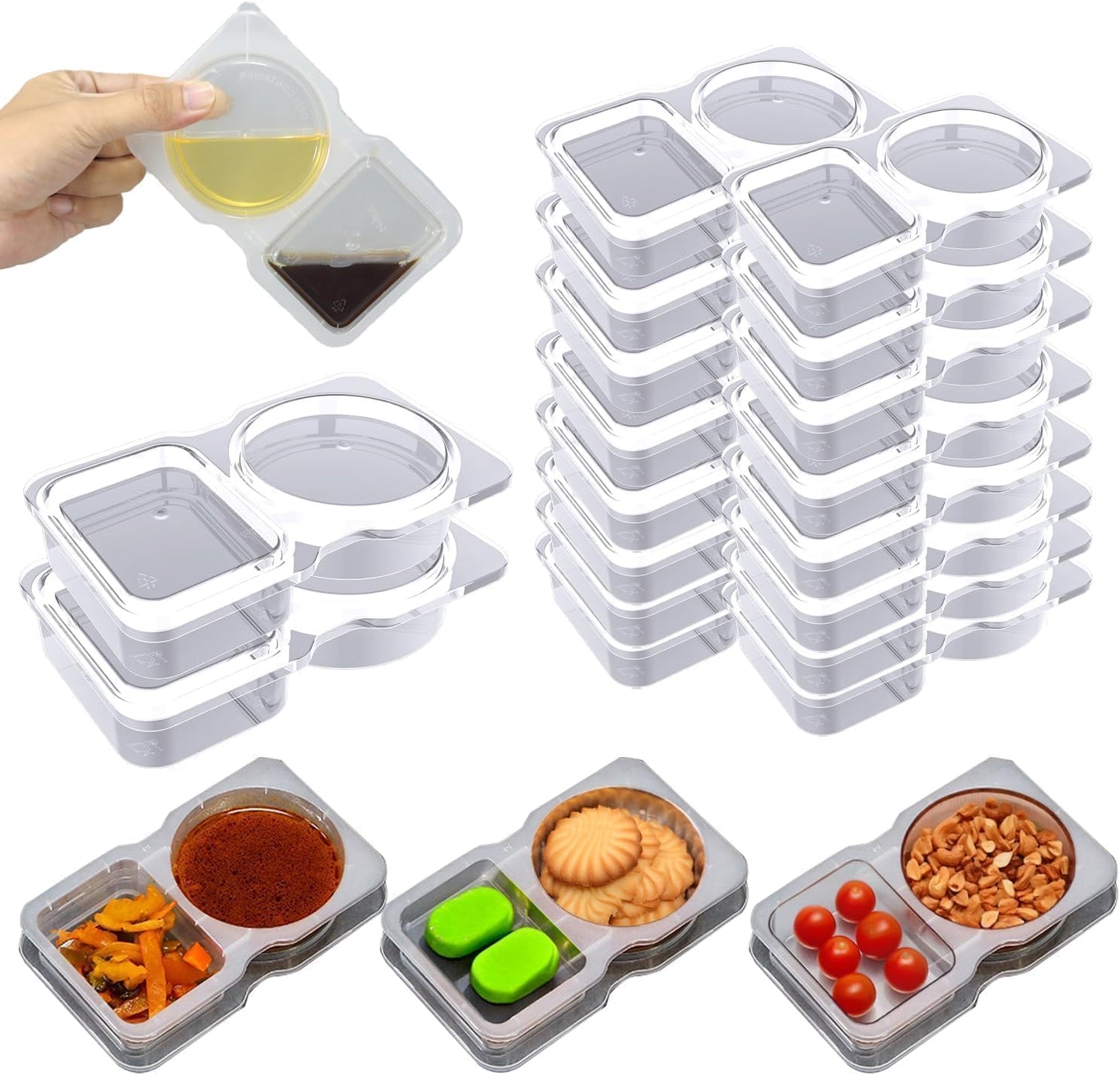 Contenedor doble con tapas reutilizable para condimentos y salsa