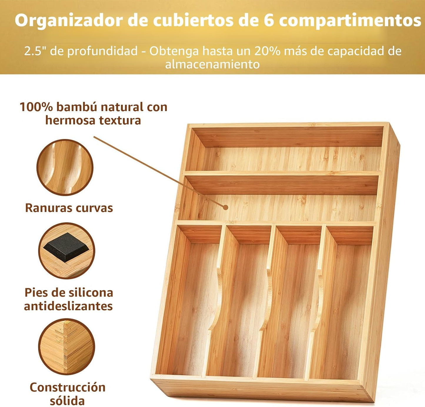 Organiz. cajón cocina 12" bambú 6 ranuras antiderrap