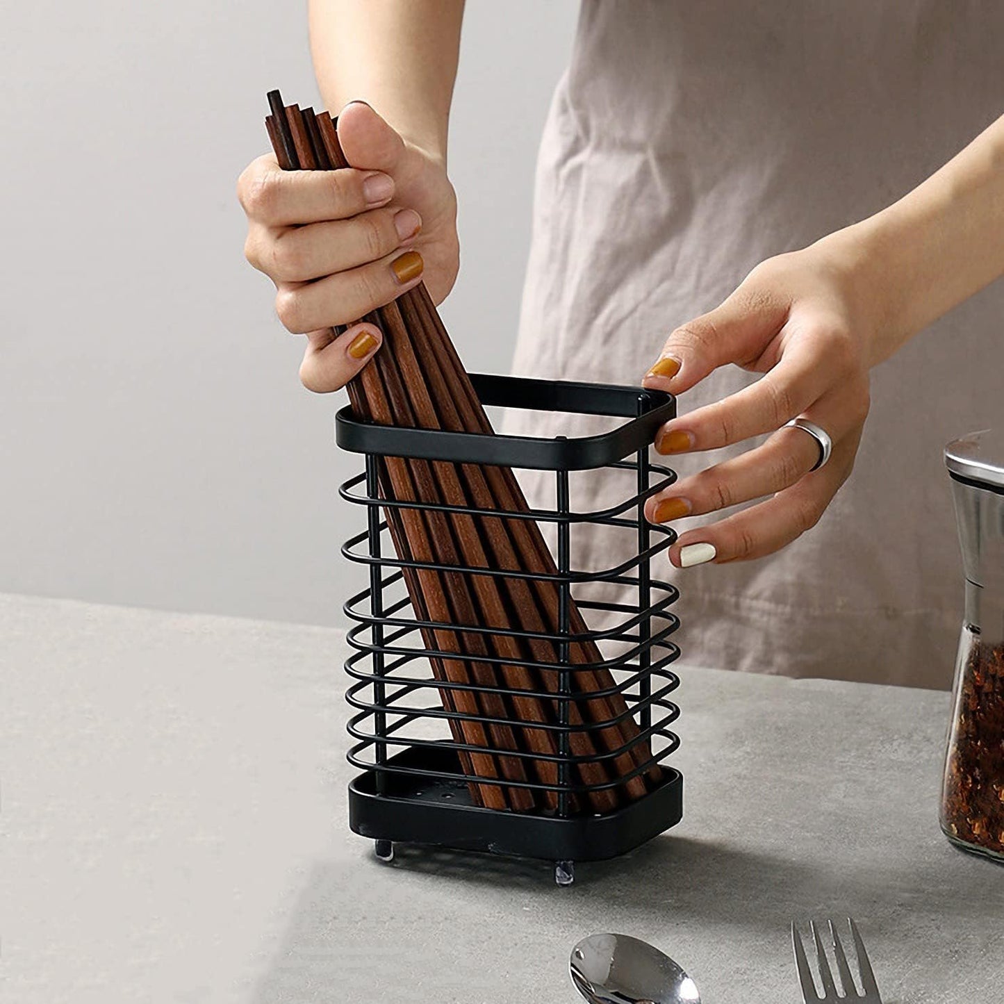 Soporte utensilios acero inox encimera escurridor negro