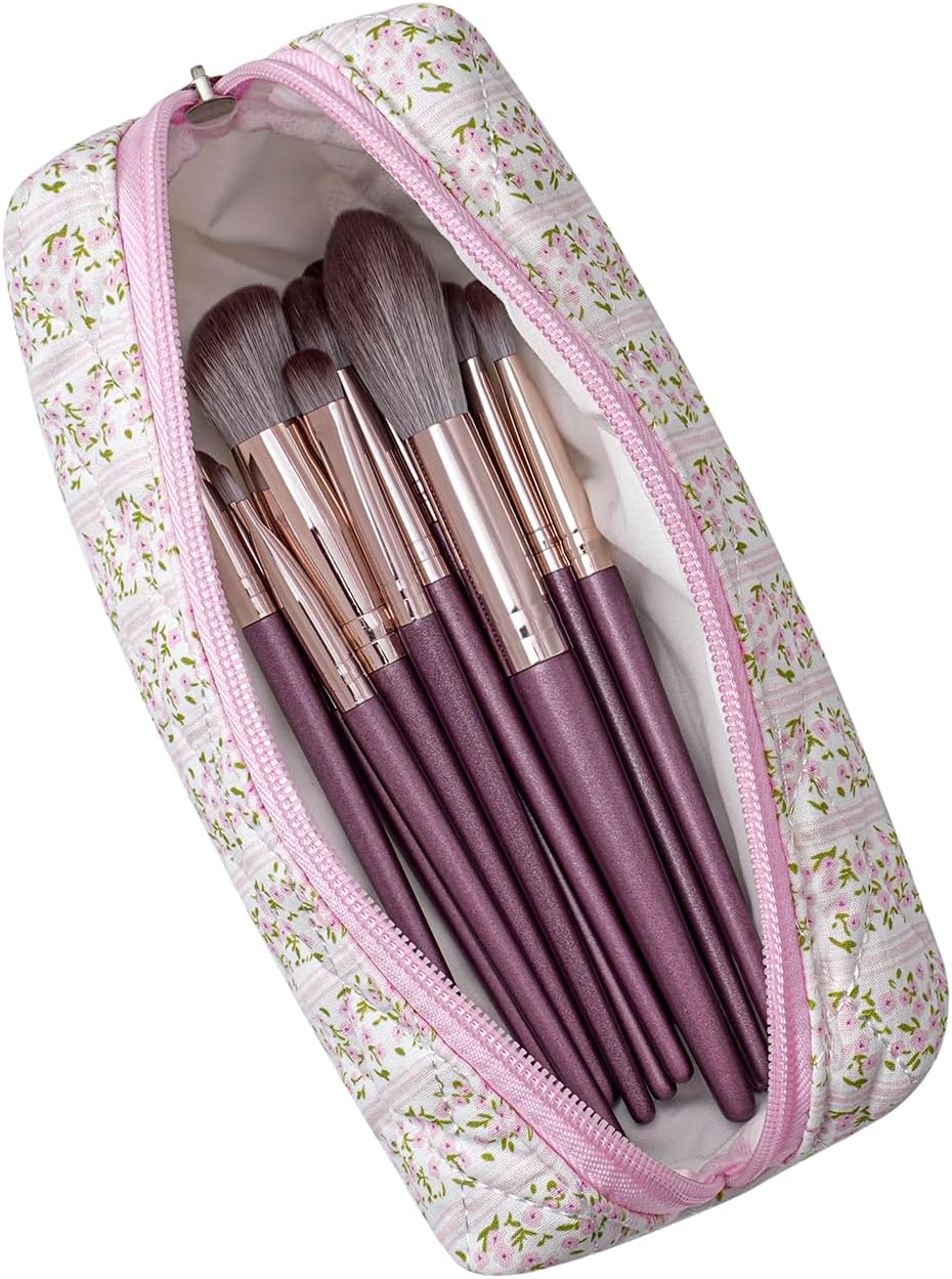 Neceser maquillaje con flores rosa acolchado para viaje