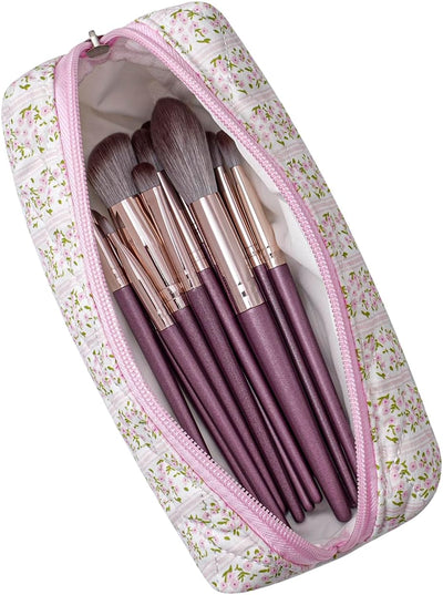 Neceser maquillaje con flores rosa acolchado para viaje