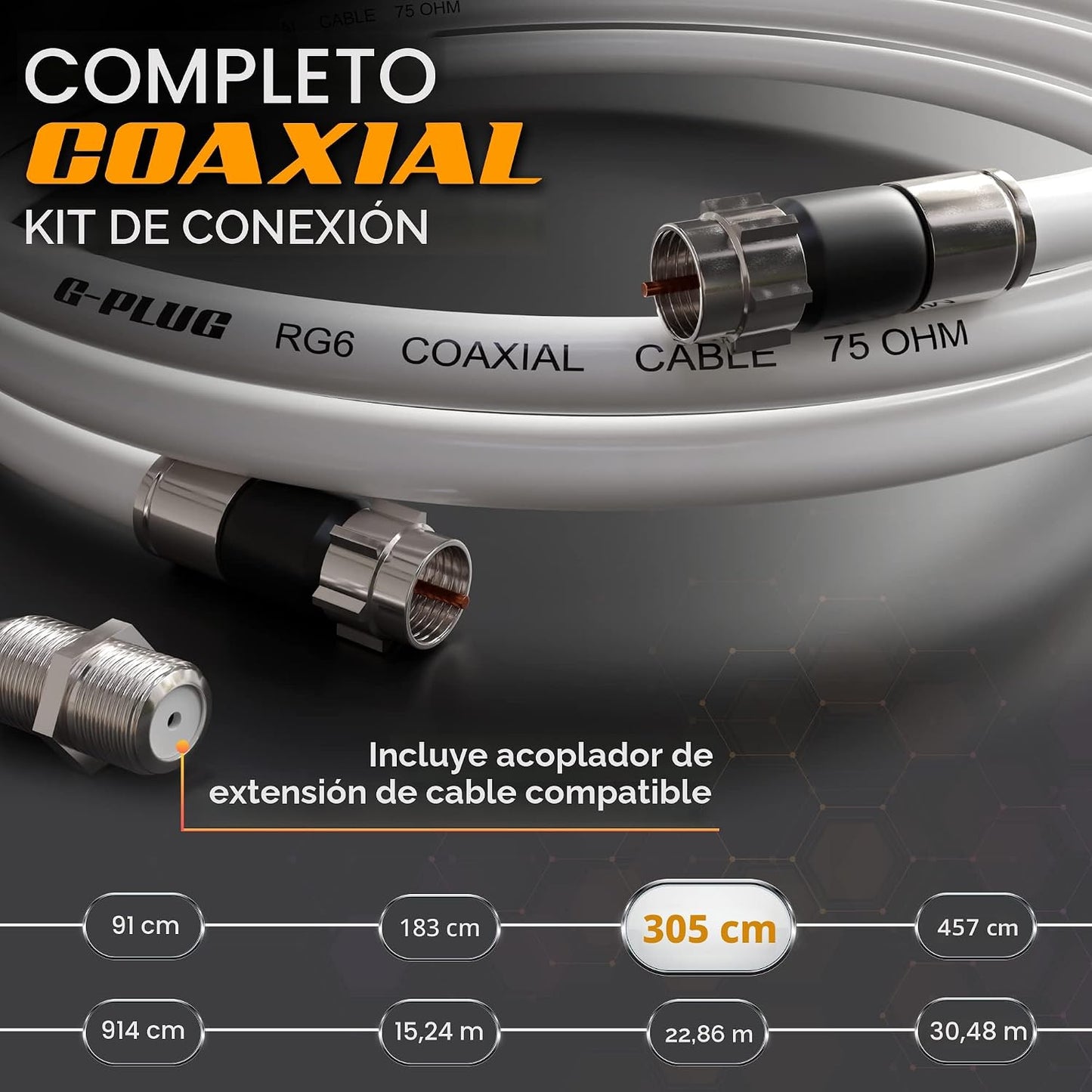 Juego conectores coaxial RG6 10ft para antena internet TV digital