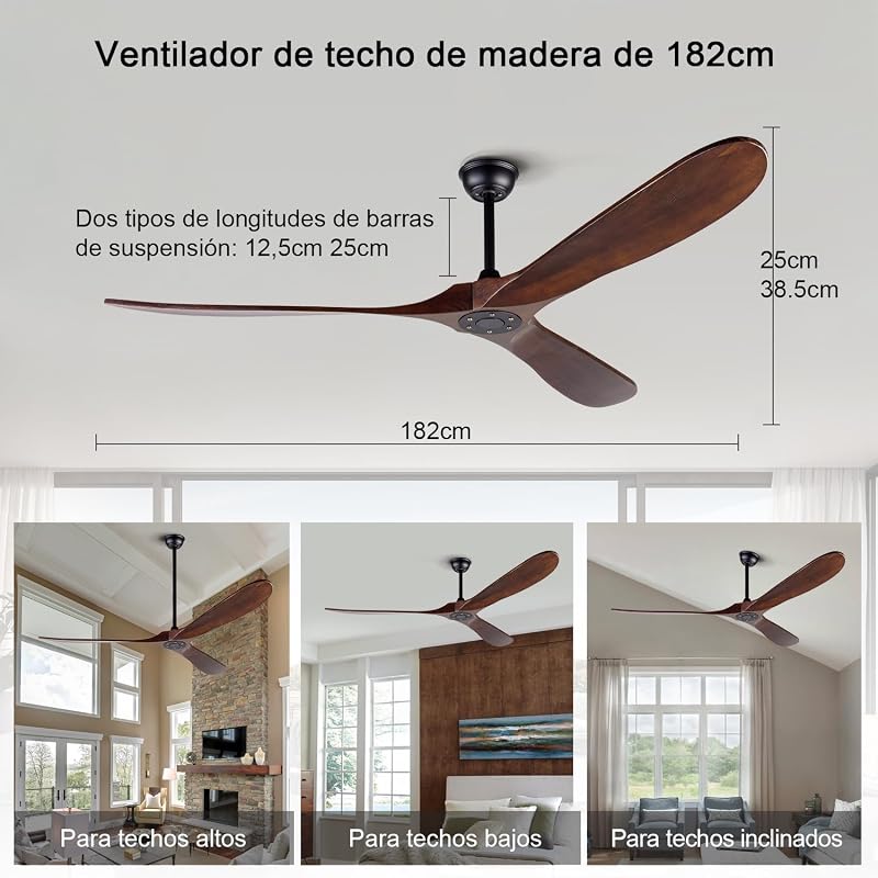 Ventilador techo 72" madera sin luz control remoto