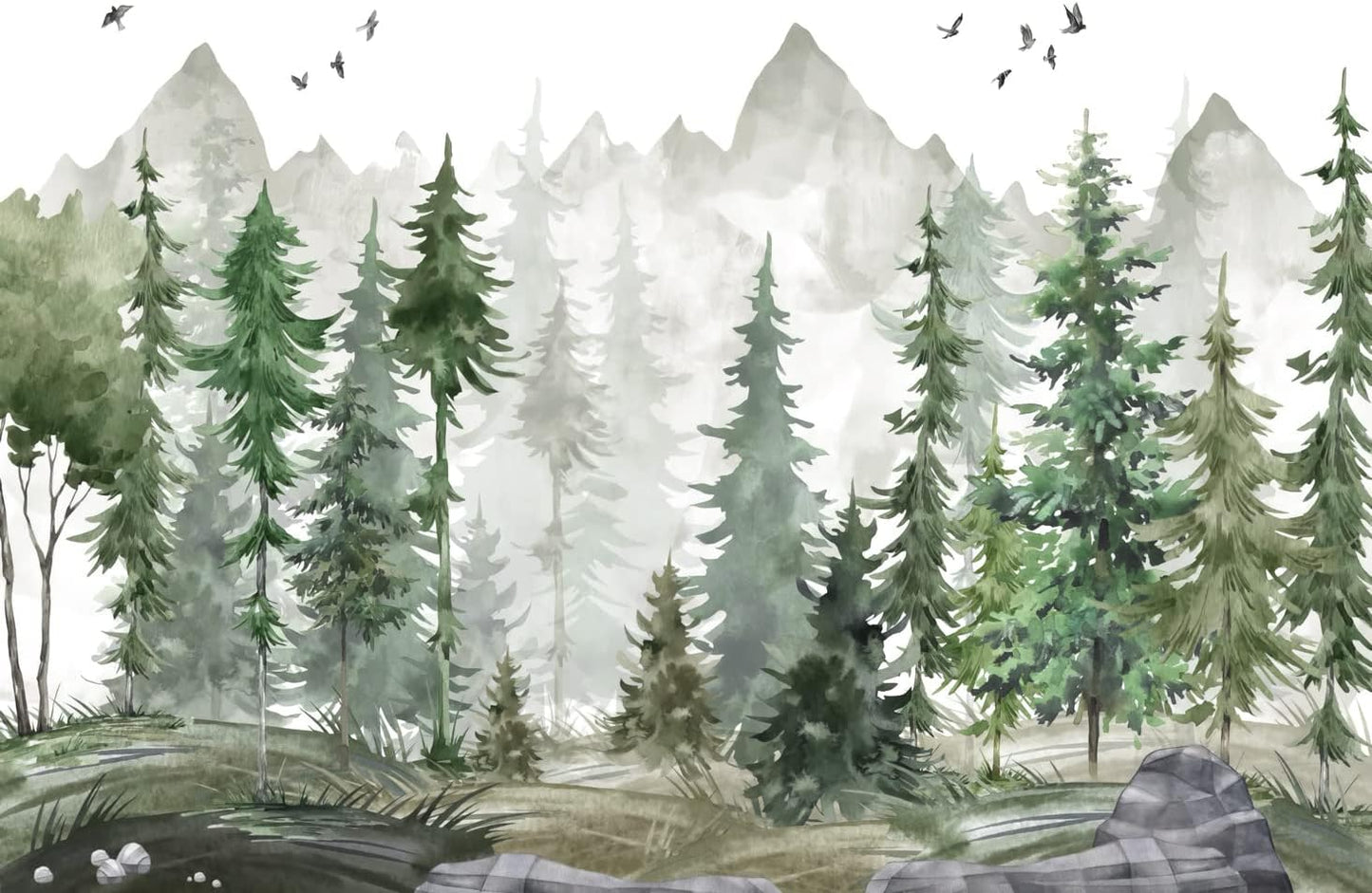 Papel Tapiz Acuarela Verde Mural de Bosque para Bebé