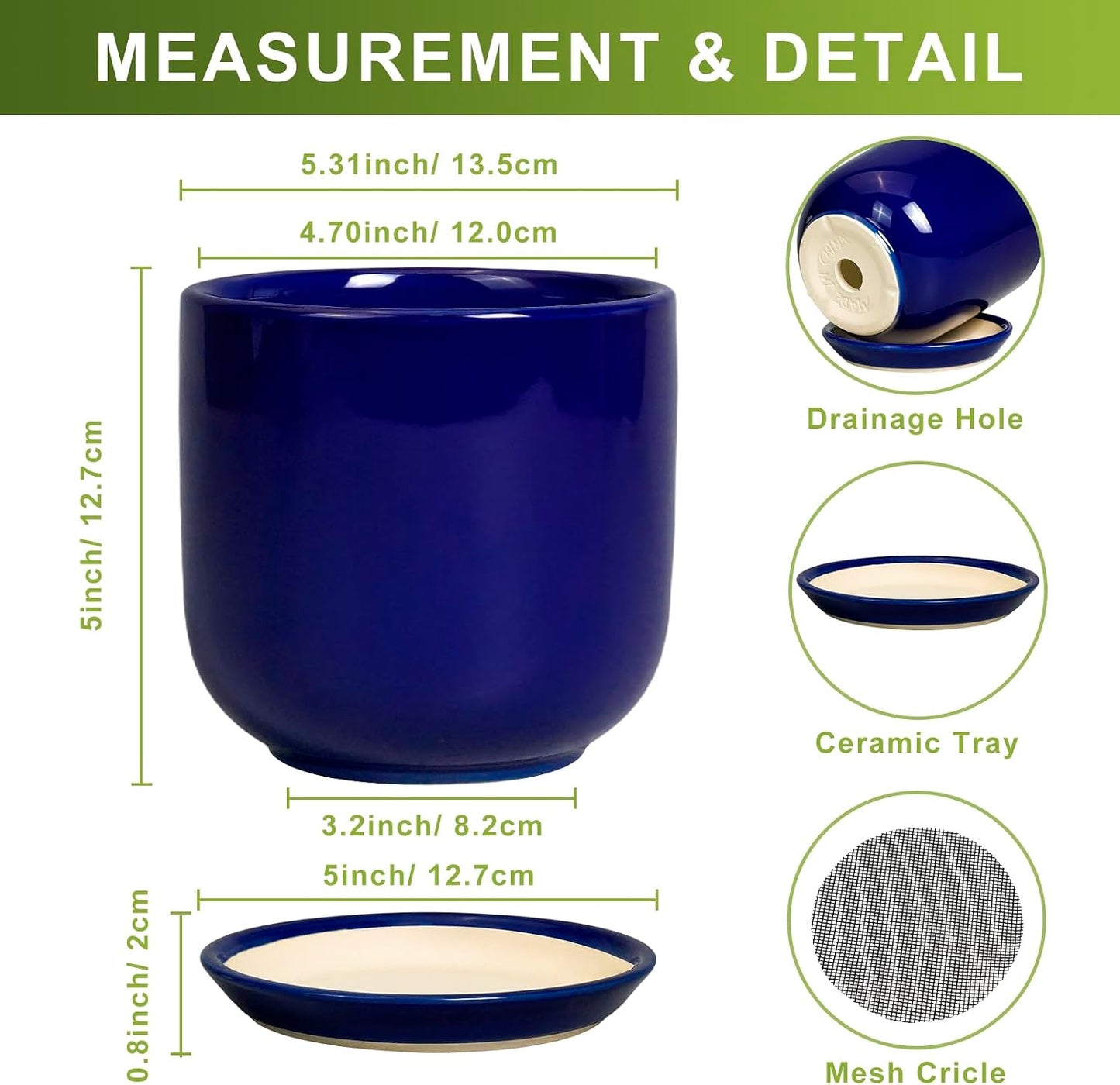Maceta cerámica suculentas 5" con drenaje color azul