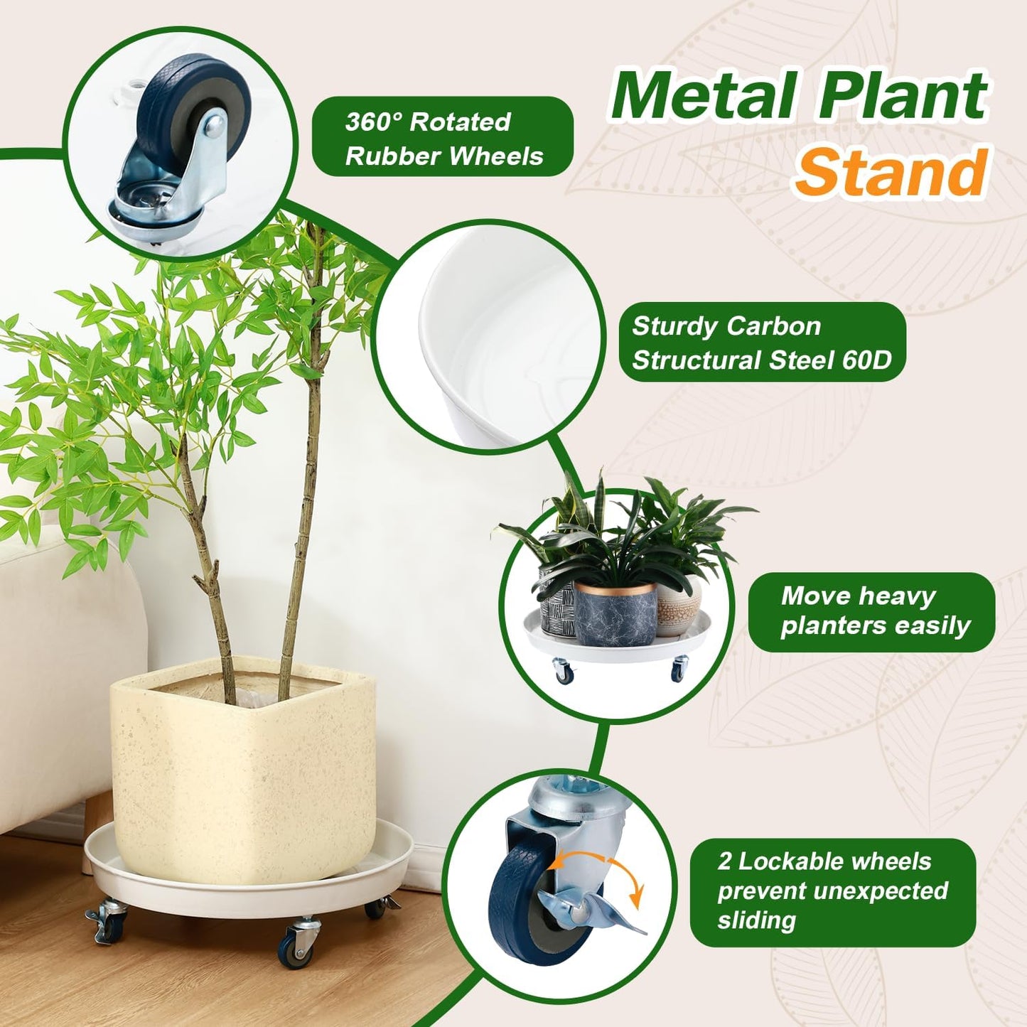 3 Pack Soporte Plantas Metal 16pulg Ruedas Resistente