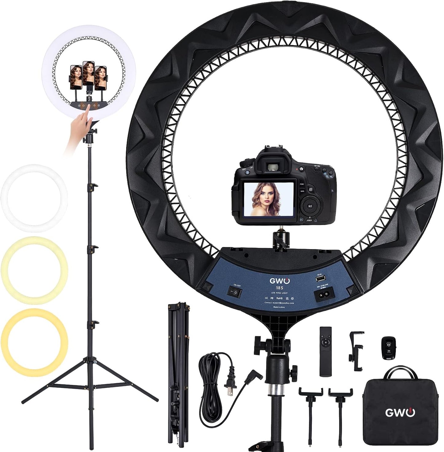 Anillo luz LED 18pulg regulable selfie maquillaje con soporte y control