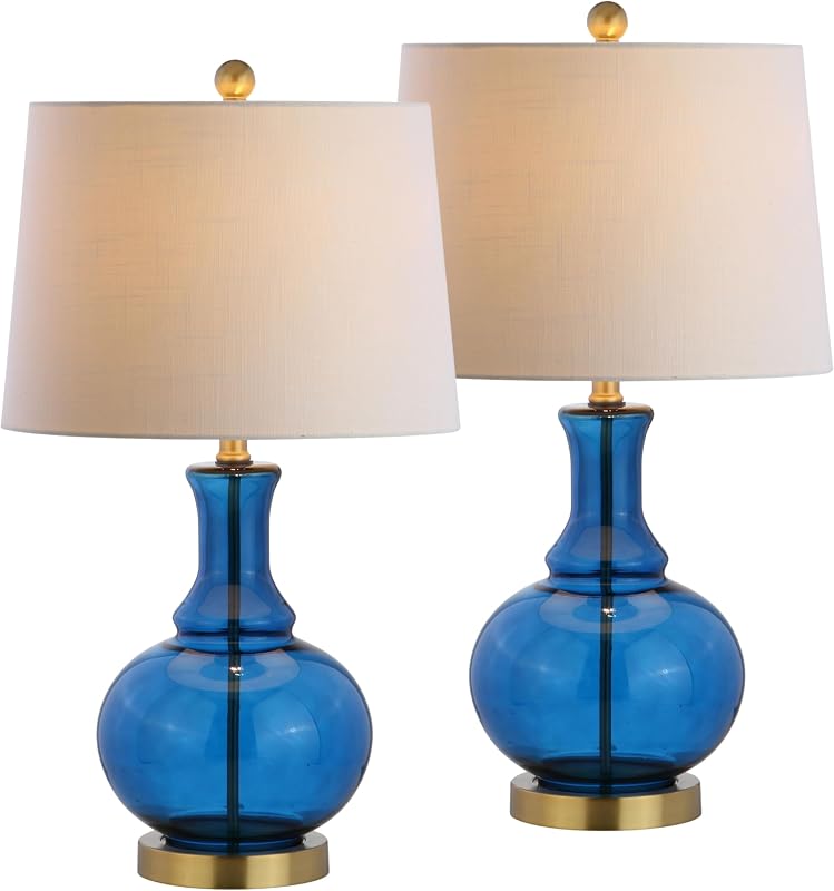2 Lámparas Mesa Cristal Azul Cobalto Latón 25pulg
