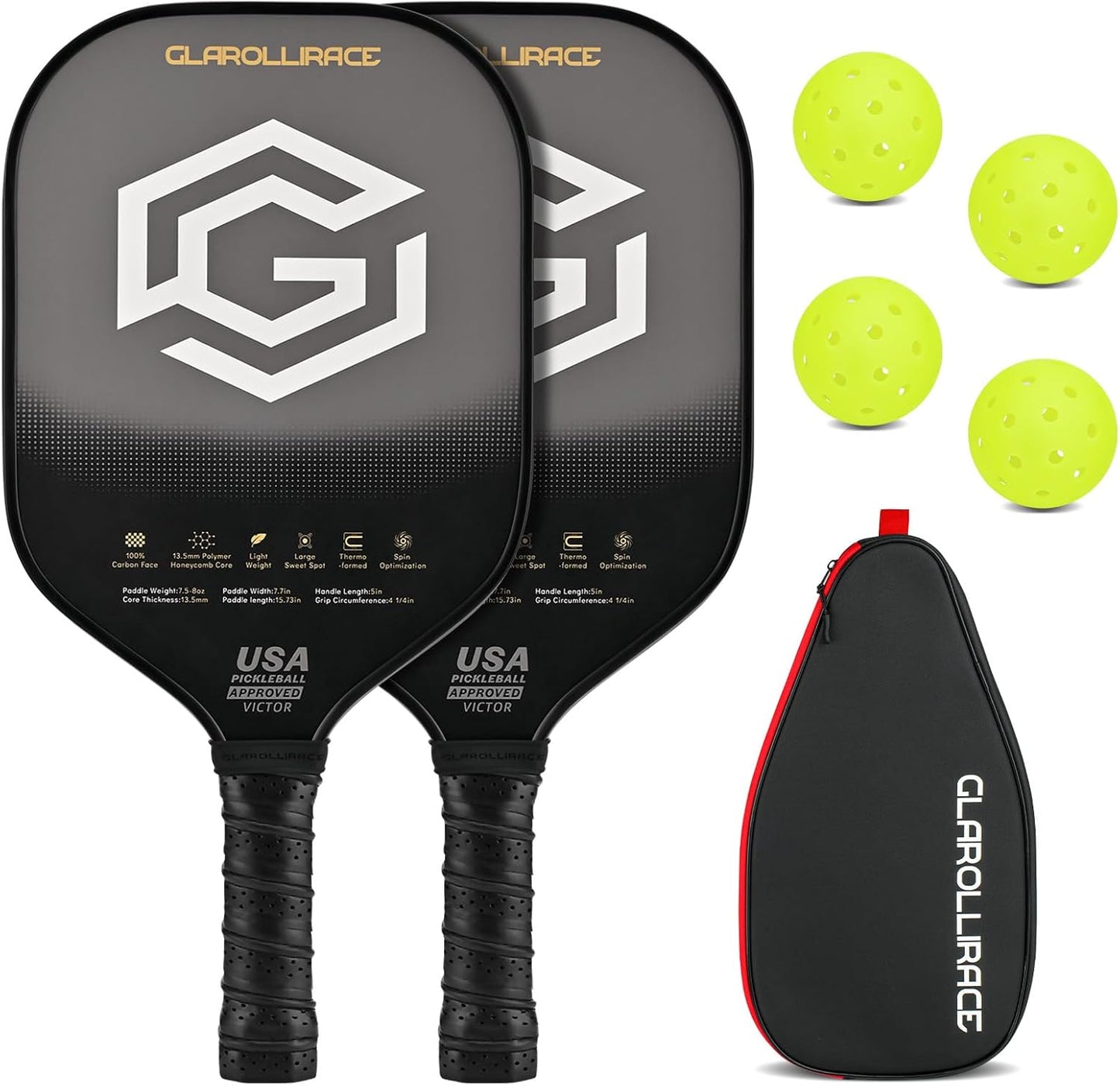 Set 2 palas y 4 raquetas pickleball fibra vidrio y carbono