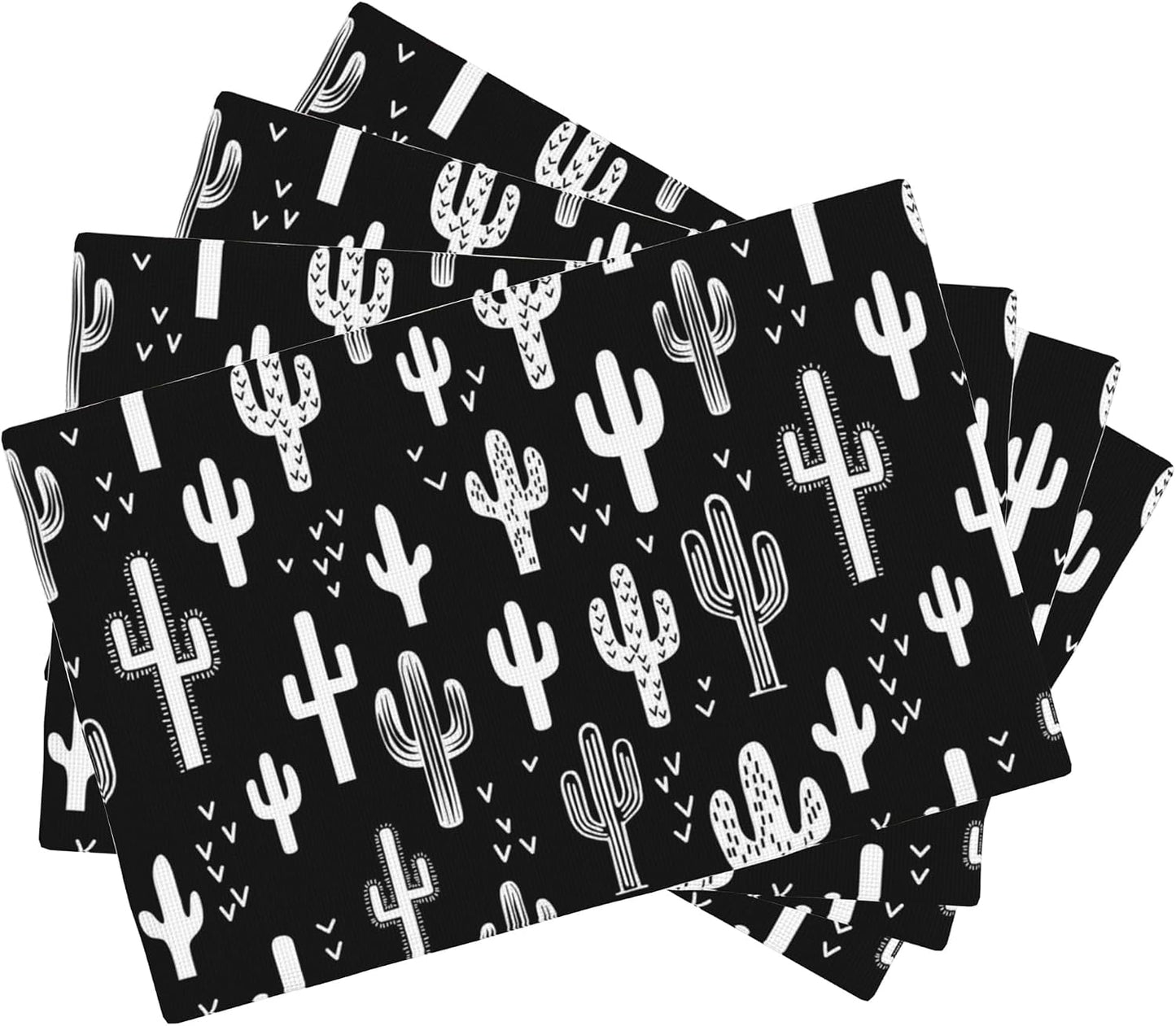 Set 4 Manteles Retro Cactus 12x18pulg Blanconegro Lavables