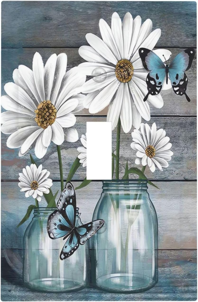 Jarrón rústico con flores y mariposas para interruptor luz