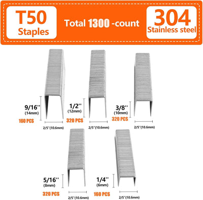 Grapas T50 acero inox 304 1300uds 5 tamaños