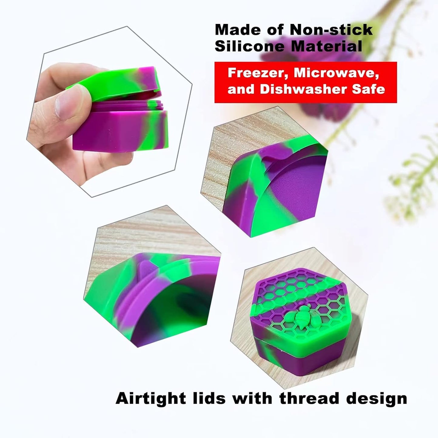 Contenedor silicona hexagonal 0.88oz con soporte púrpura