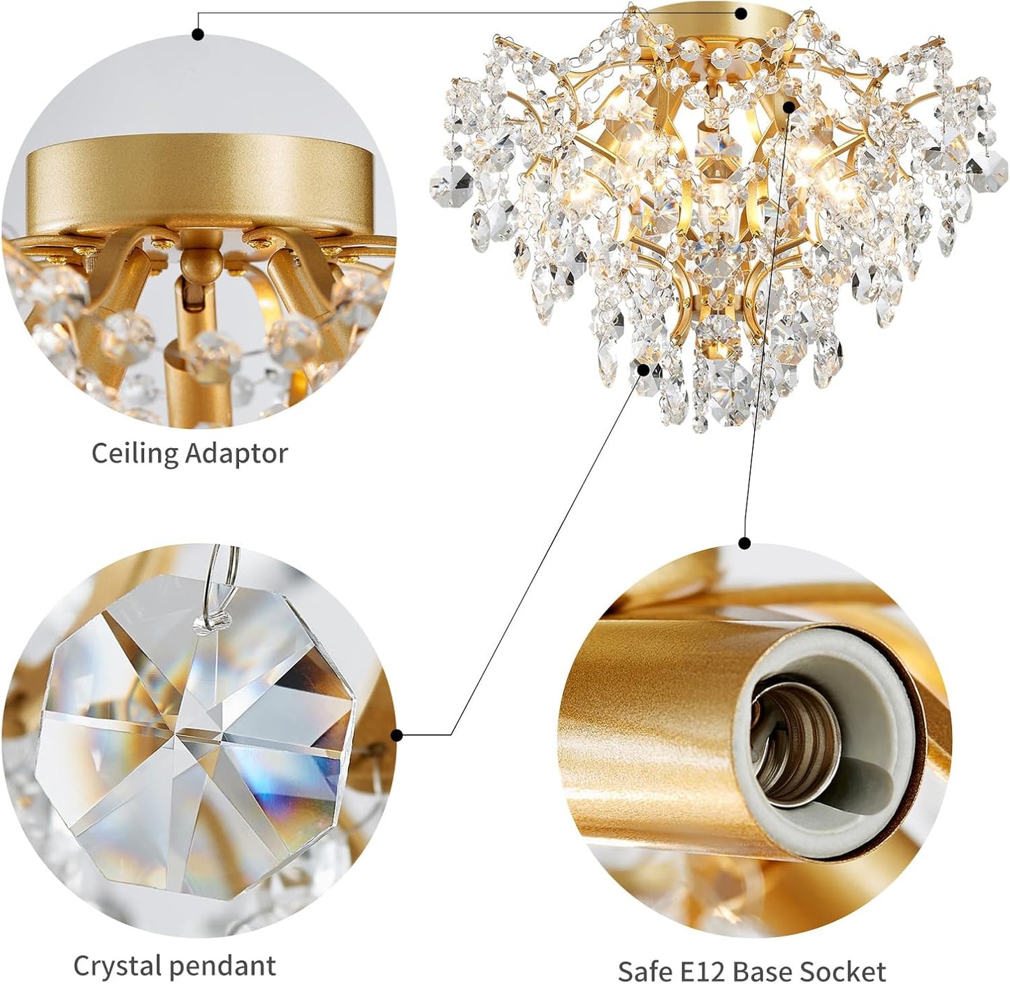 Lámpara techo cristal 5 luces dorado 12pulg alto