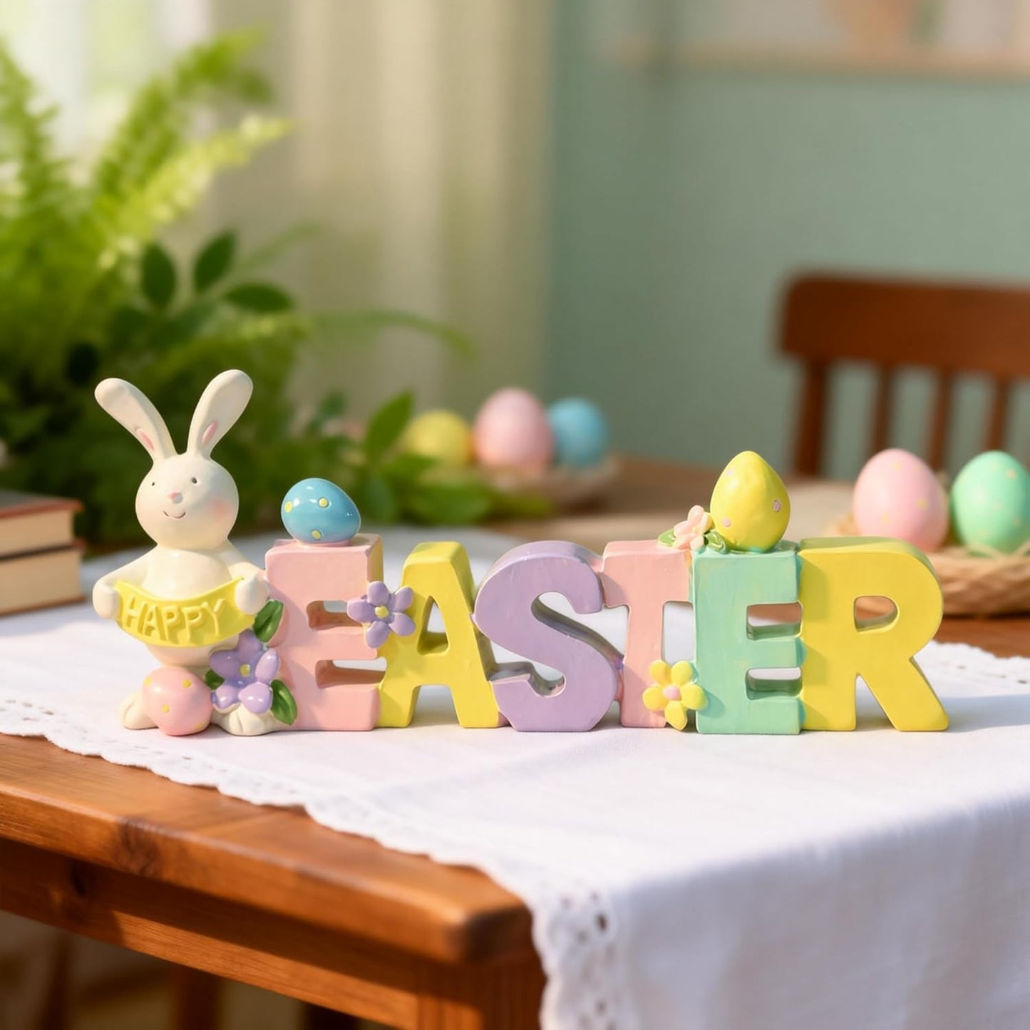 Centro Mesa Pascua Resina Huevos Letras Florales