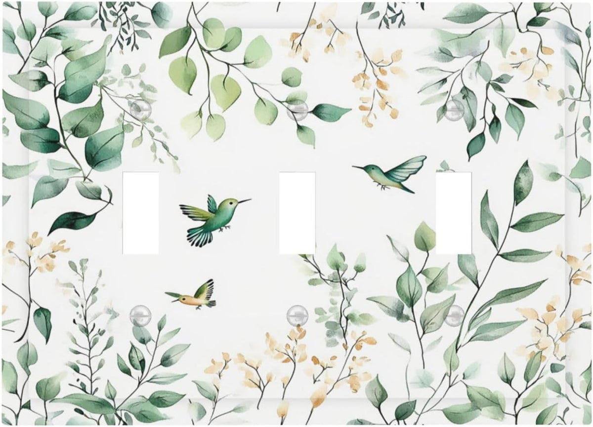 Placas decorativas interruptor acuarela hojas verdes pájaros