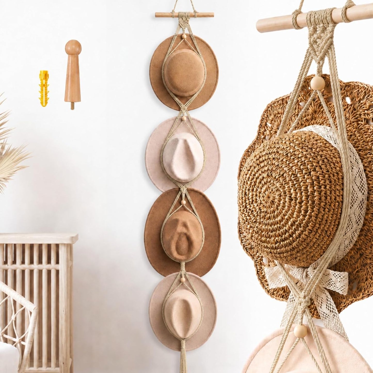 Colgador sombreros macramé boho para puerta trasera beige