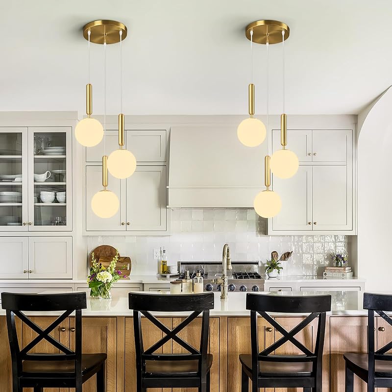 Lámpara colgante isla cocina 3 luces globo vidrio blanco