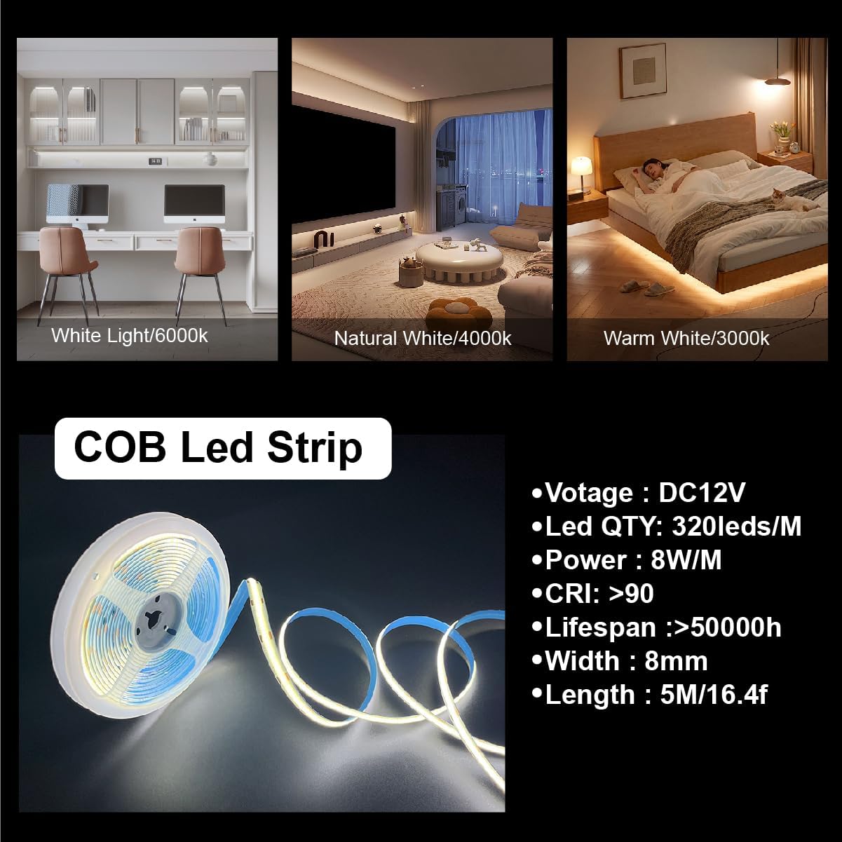 Tira LED COB 16.4ft 4000K DC12V regulable con atenuador