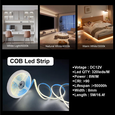 Tira LED COB 16.4ft 4000K DC12V regulable con atenuador