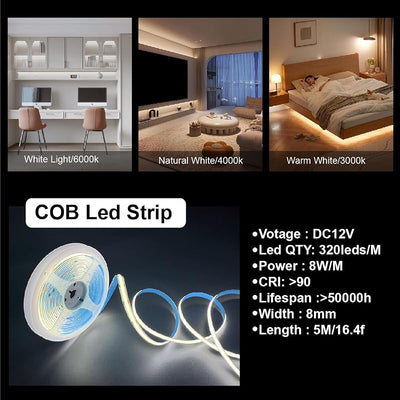 Tira LED COB 16.4ft 4000K DC12V regulable con atenuador