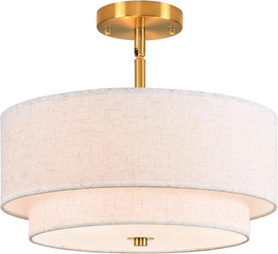 Lámpara techo 3 luces doble tambor tela dorada para sala