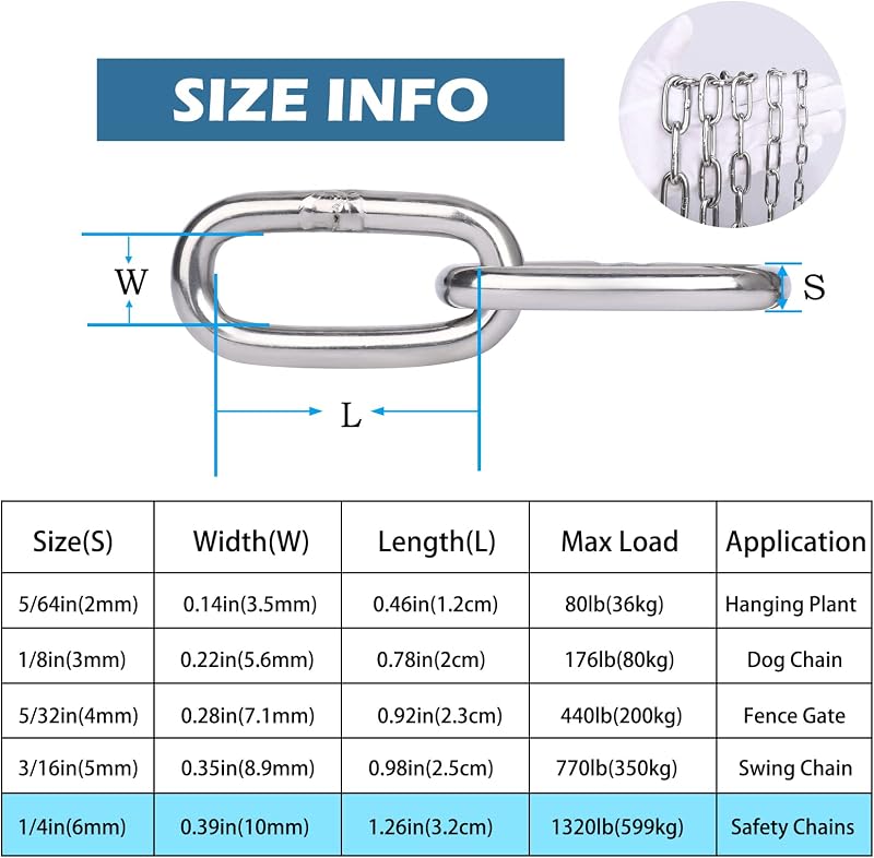 Cadena acero inox 1/4pulg x6.6ft resistente para barco ancla