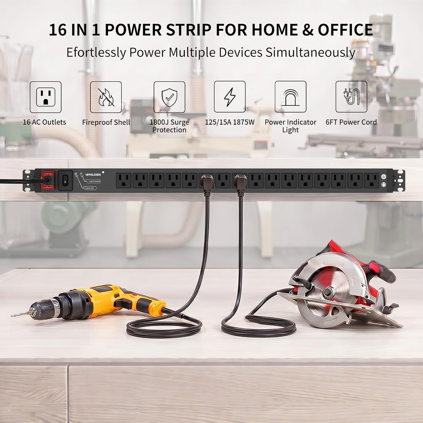 Regleta 16 salidas metal con interruptor 1800J 15A