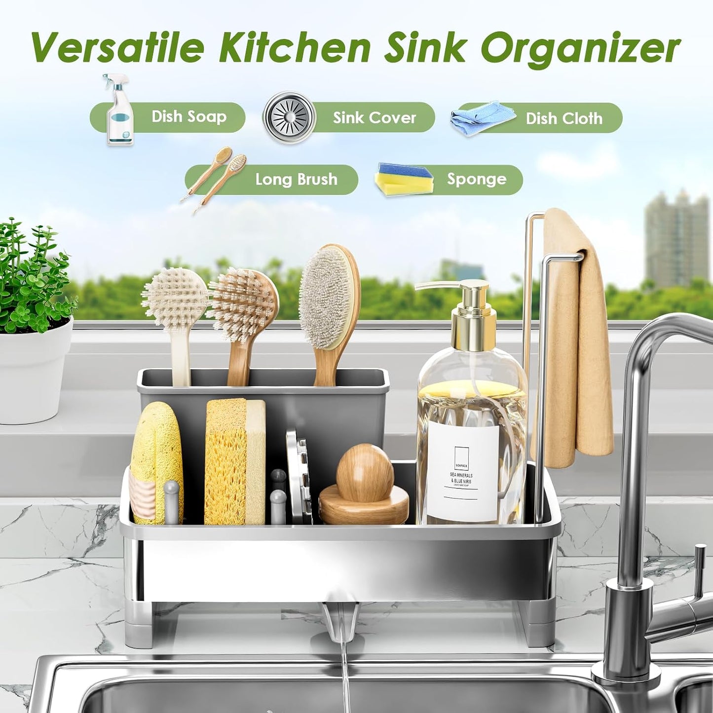 Organiz. fregadero acero inox con soporte esponja y cepillos