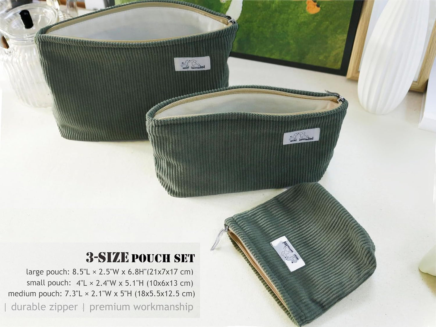 Set 3 Bolsas Maquillaje Corduroy Viaje Regalo Mujer Niña Grande Mediana Pequeña
