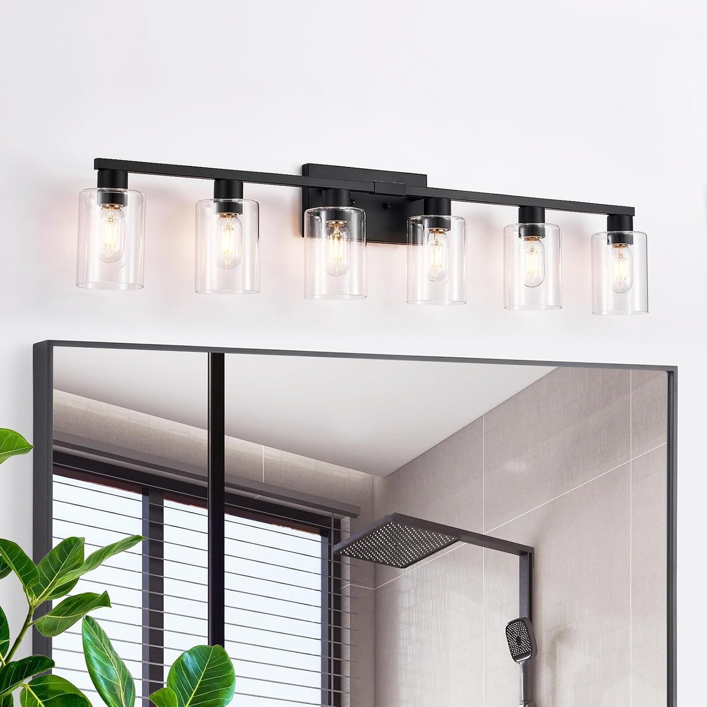 Luz tocad. baño 6 luces negro mate con pantallas vidrio