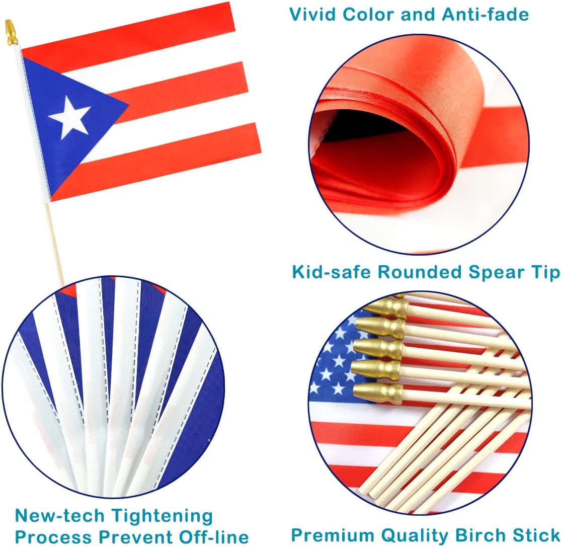 Mini banderas mano Puerto Rico poste madera 12 pzas