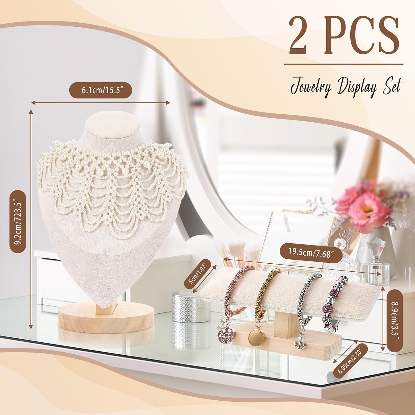 2 Pzas Soporte Joyas Terciopelo Barra T Collares Beige
