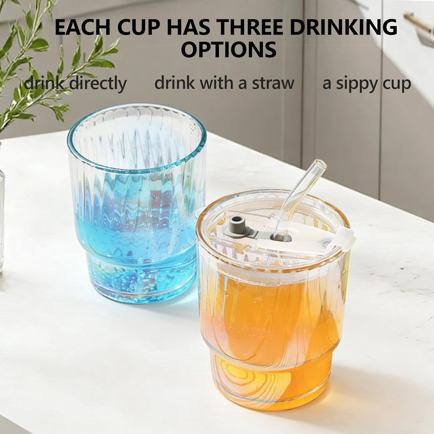 Vaso de vidrio con tapa antifuga 13oz para jugo verde matcha 2 pzas