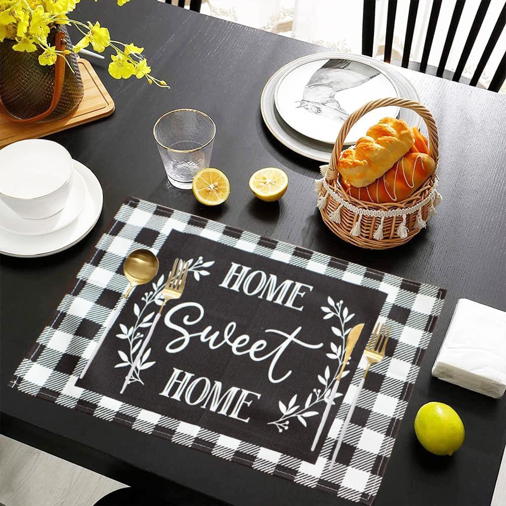 Manteles individuales buffalo plaid 4 pzas negro y blanco lavables