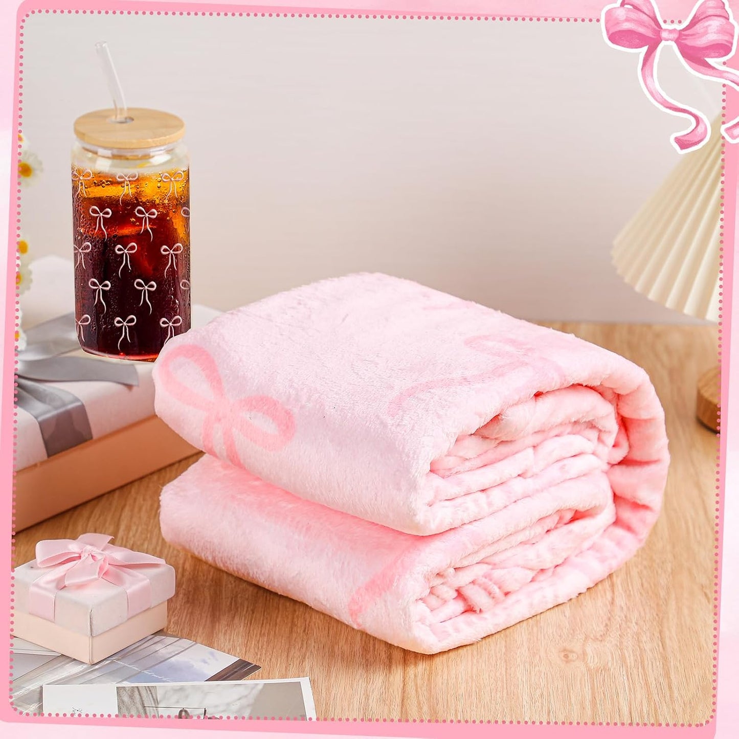 Set 2 Pzas Lazo Rosa Manta y Taza Vidrio 16oz