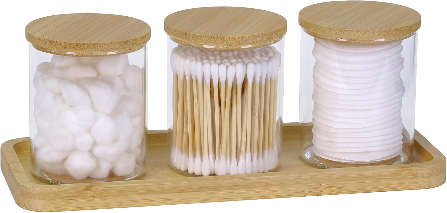 Soporte tocador con 3 frascos vidrio tapa accesorios baño