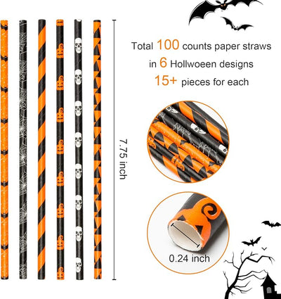 6 Pajitas Halloween Calabaza Murciélago Araña Negro Blanco Naranja