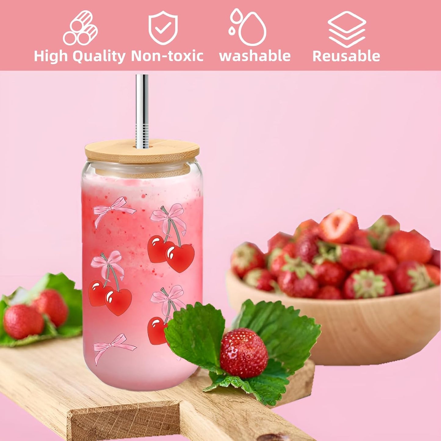 Taza vidrio 16oz con tapa pajita regalo para niñas y mamás