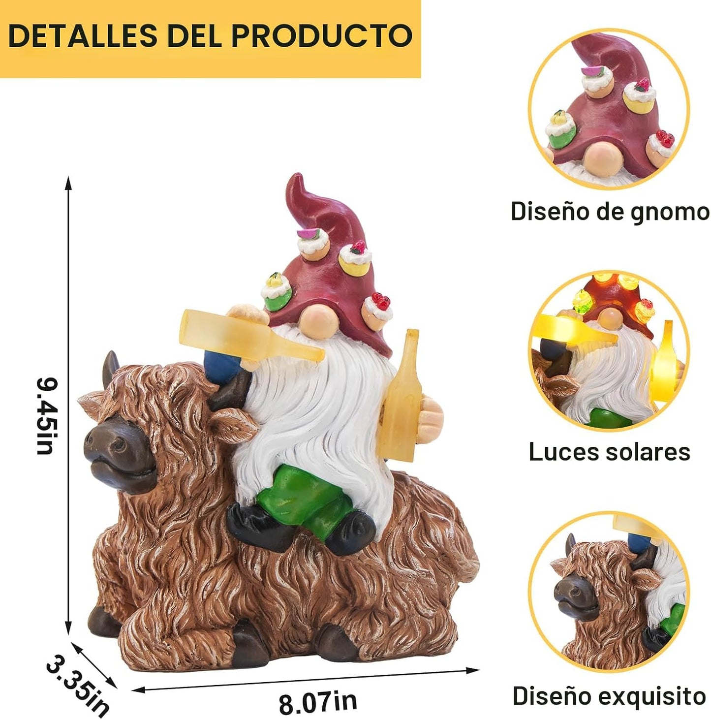 Estatua gnomos linterna sol regalo vaca resina